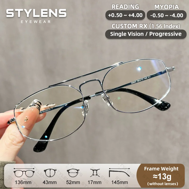 STYLENS Nouvelles Lunettes de Lecture Pilote pour Myopie, Femmes et Hommes, Anti-Lumière Bleue, Tendance, en Titane, Lunettes Progressives Personnalisées