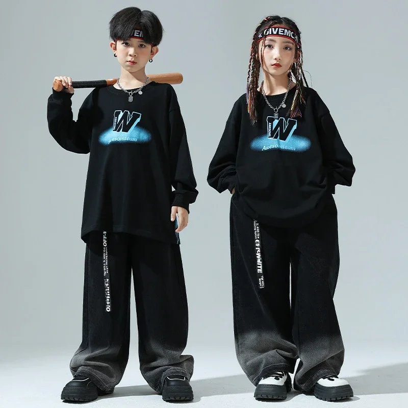 Hip Hop Dance Costume Boys Girls Long Sleeve Tops Denim Pants Kids Streetwear Clothes Sets Ballroom Jazz Dance Clothes Show Wear