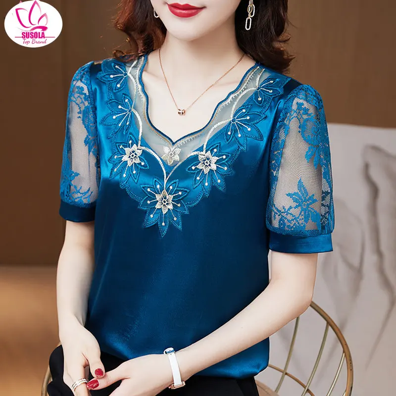 SUSOLA Lace Flower Embroidery Elegant Woman Satin Blouses Lady Trend Short Sleeve Shirts Youth Top Summer V Neck Silk Blusas