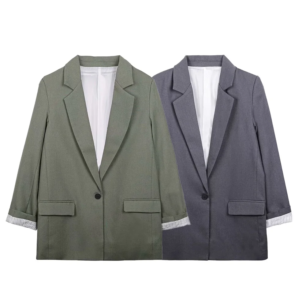 

Zach Ailsa Women's New Simple Printed Cuffs Loose Collar Long Sleeve Suit One Button Comfortable Casual Coat