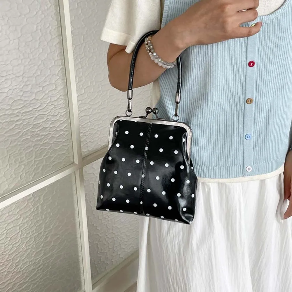 Glossy Polka Dot Handbag Lightweight Detachable Strap Kiss Lock Bag Retro Clasp 3D Shaped Retro Shell Purse Daily Commute