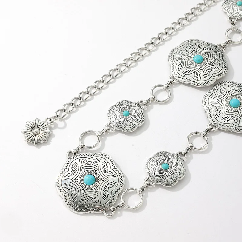 Ladies Flower Turquoise Western Aesthetic Bohemian Everything Stylish Metal Texture European and American Waist Chain