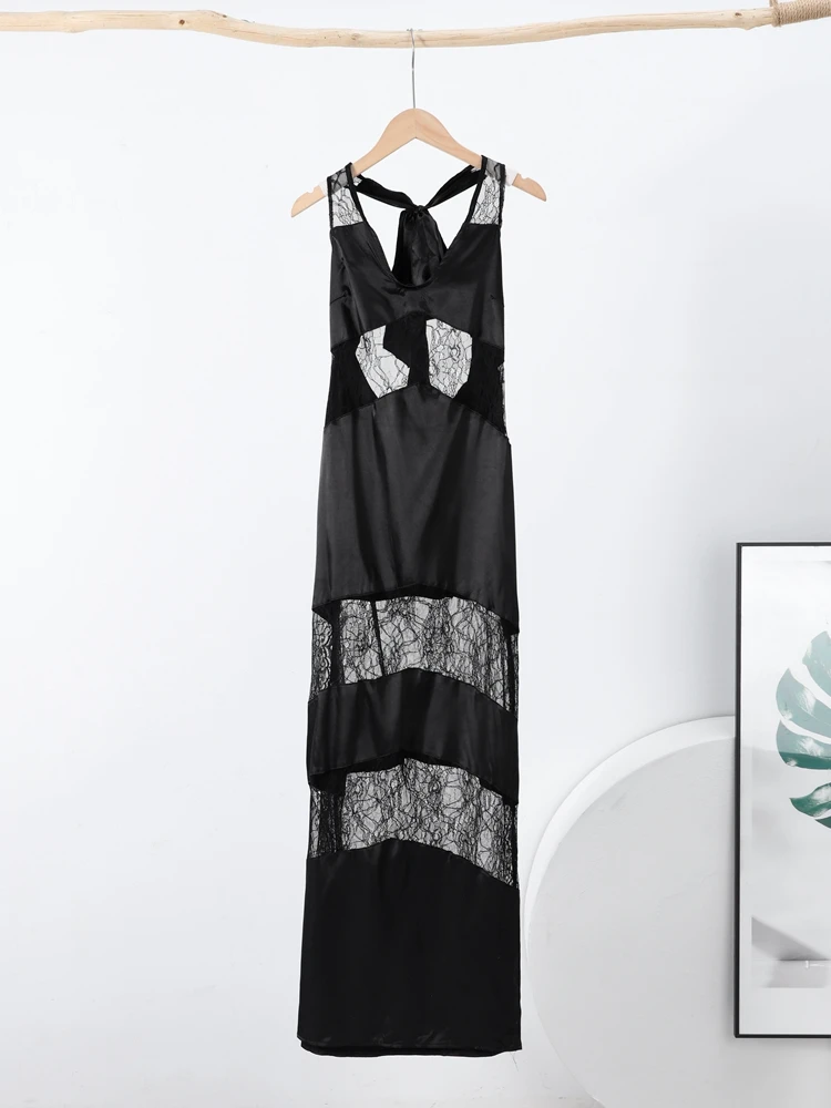 See Through Mesh Halter Evening Gown Women Black Sleeveless Backless High Waist Female Lace Vestidos 2025 Summer Slim Fit Dress