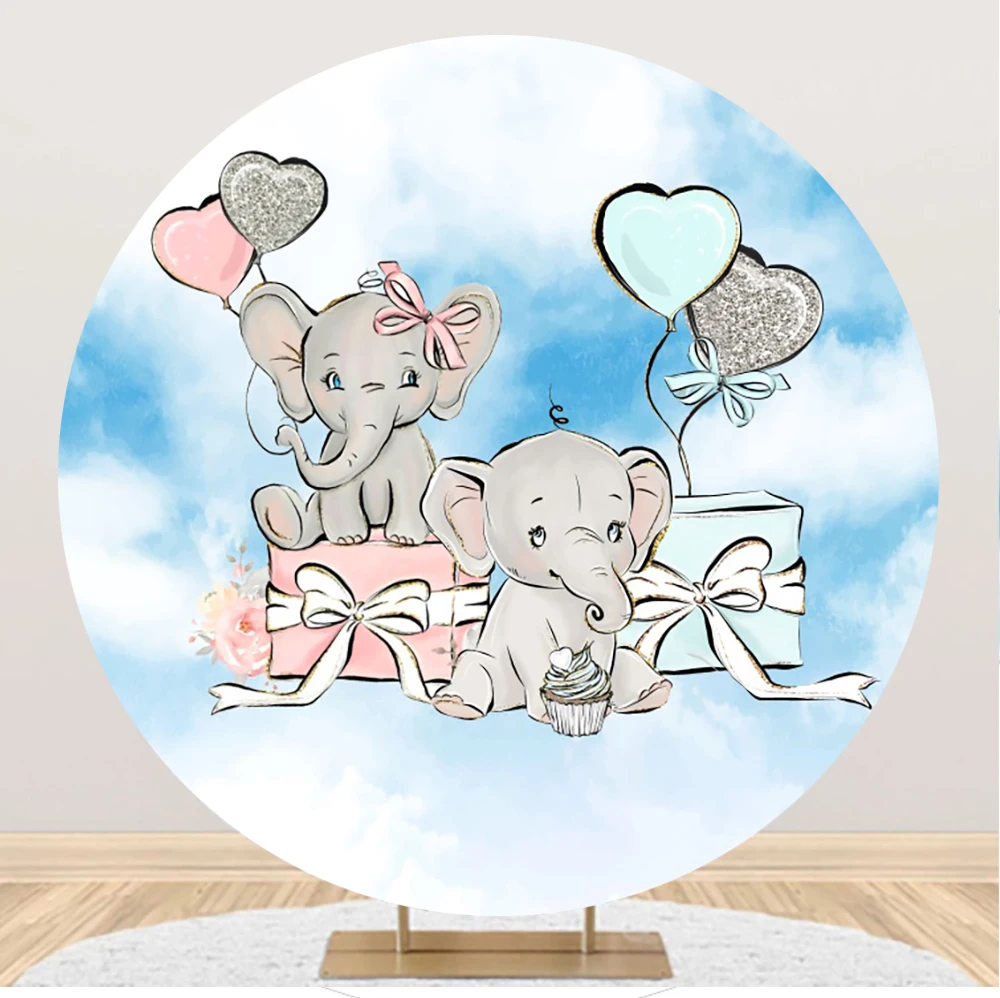 

Baby Shower Round Photography Backdrop Elephant Gift Box Photo Circle Background Birthday Party Decor Photocall Photo Studio