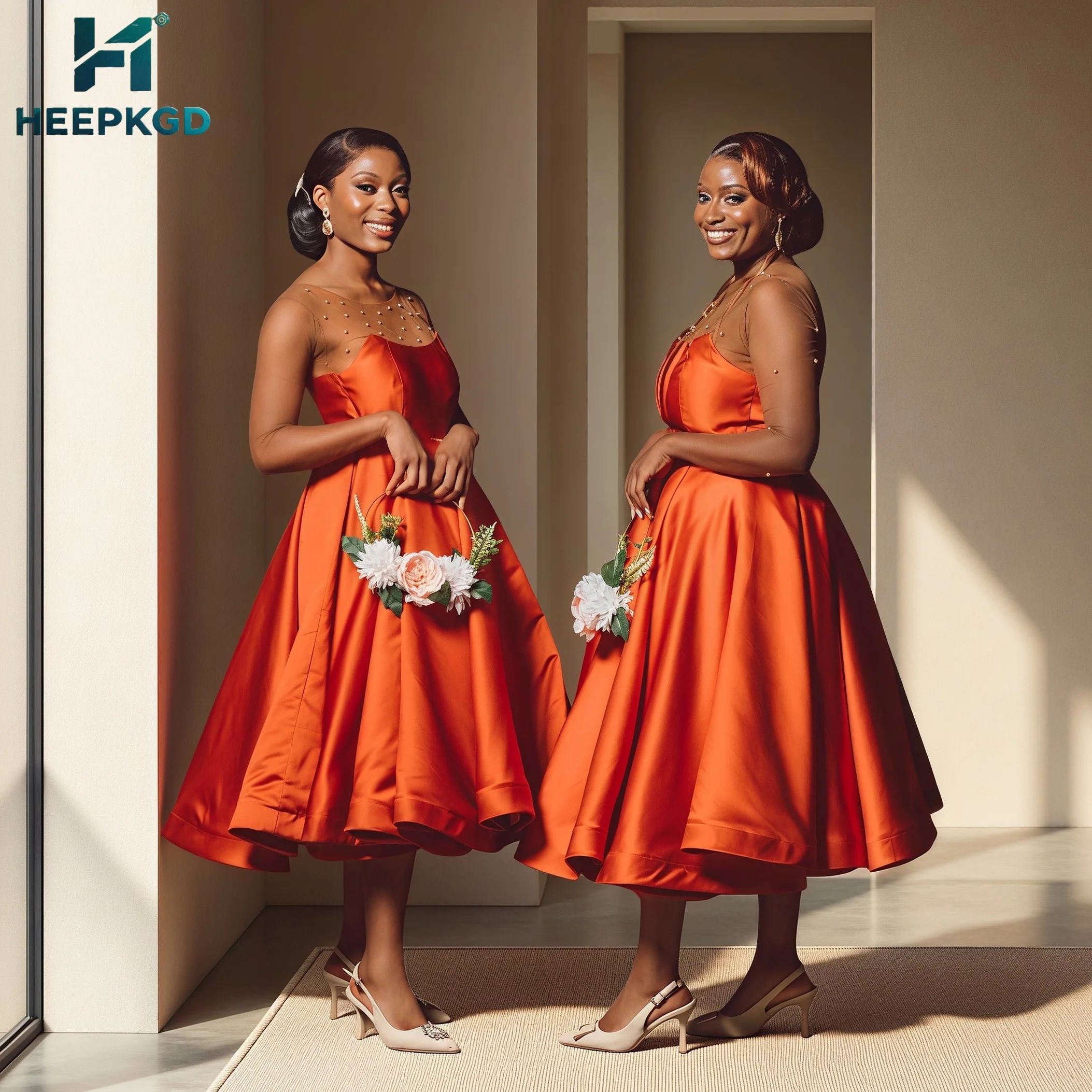 

Wholesale Orange Short Bridesmaid Dresses For Black Women 2026 A Line Full Sleeves Tulle Satin Maids Of Honor Gowns Custom Made