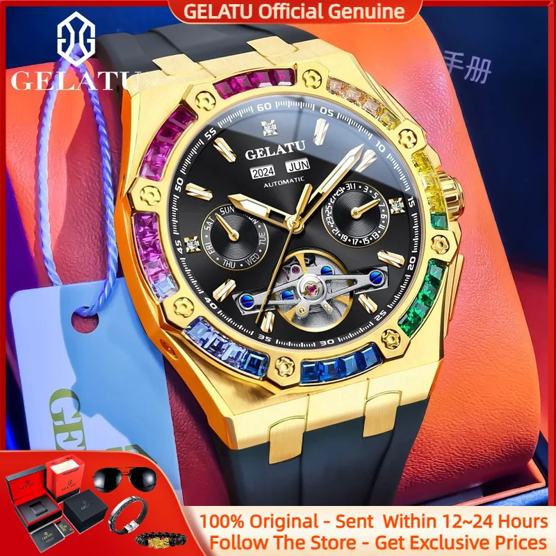 

GELATU 6022 Men Watch High end Color Diamond bezel Waterproof Silicone Date Watch Luxury Flywheel Men Automatic Mechanical Watch