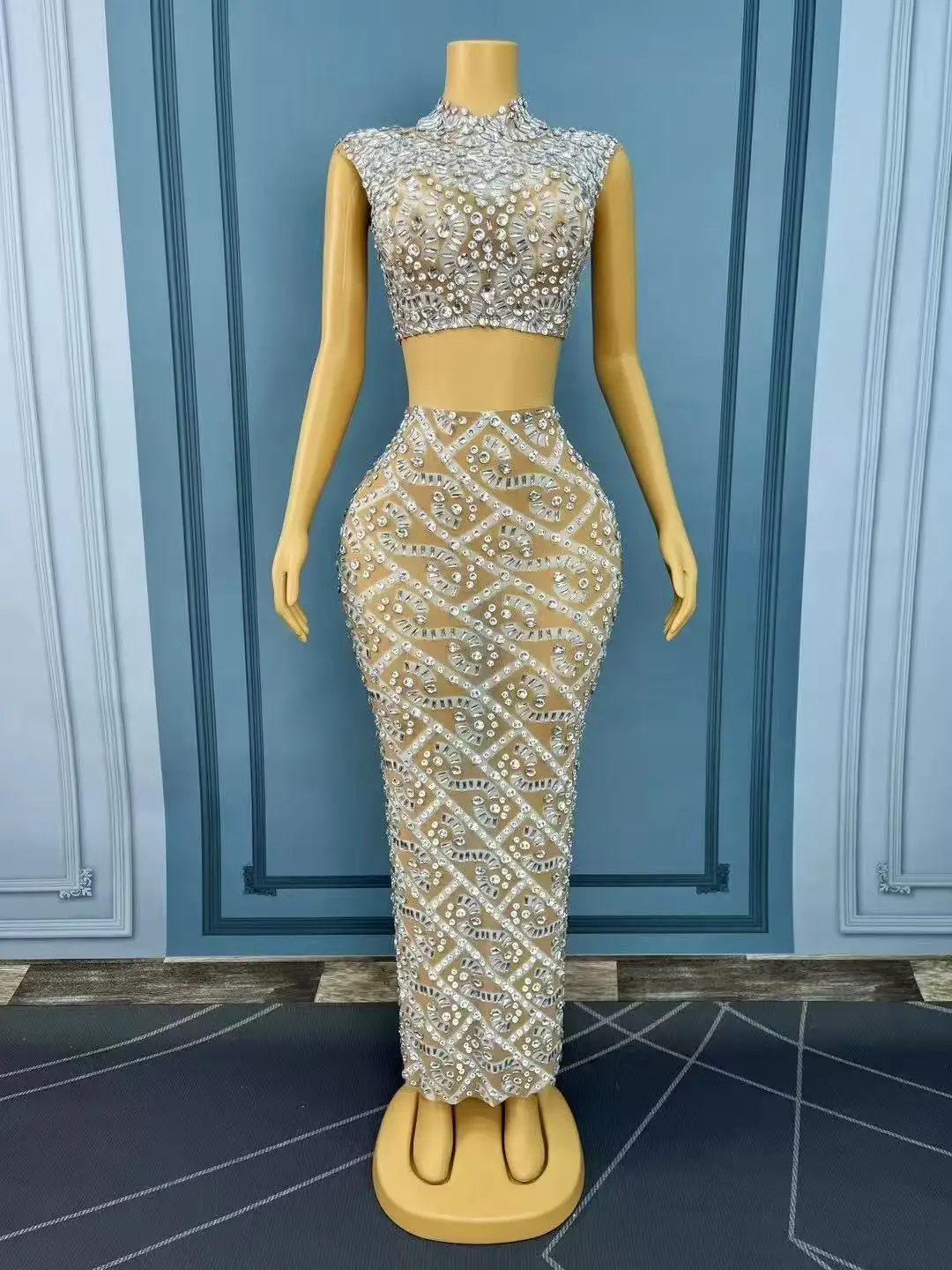 Women Hollow waist Split Set Sparkly Rhinestones Sexy Nude Mesh Outfit Birthday Wedding Celebrate Party Show Costume Stage Wear
