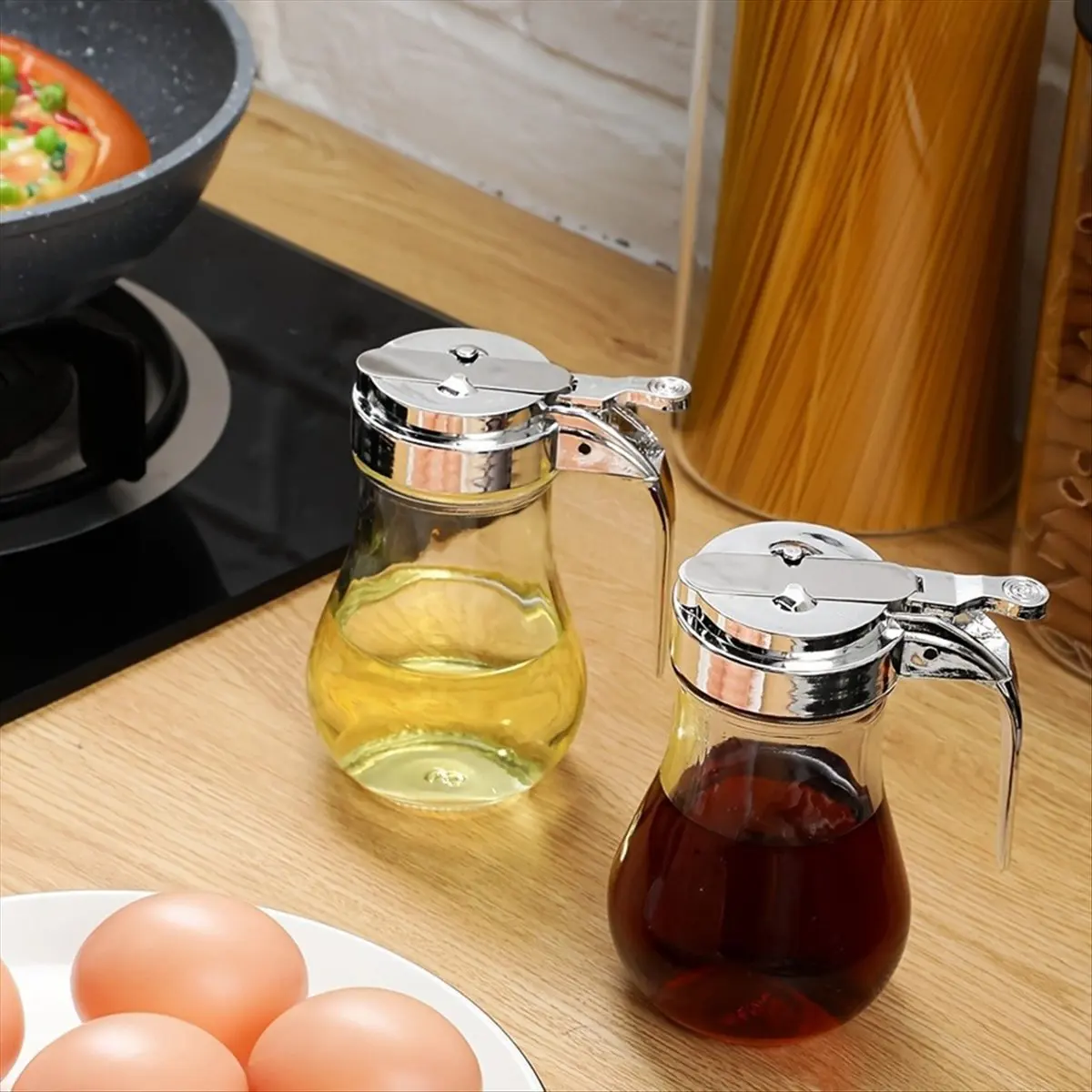 &A11I Syrup Dispenser, No Drip Glass Syrup Bottle for Maple Syrup, Honey Dispenser, Dishwasher Safe Glass Syrup Container
