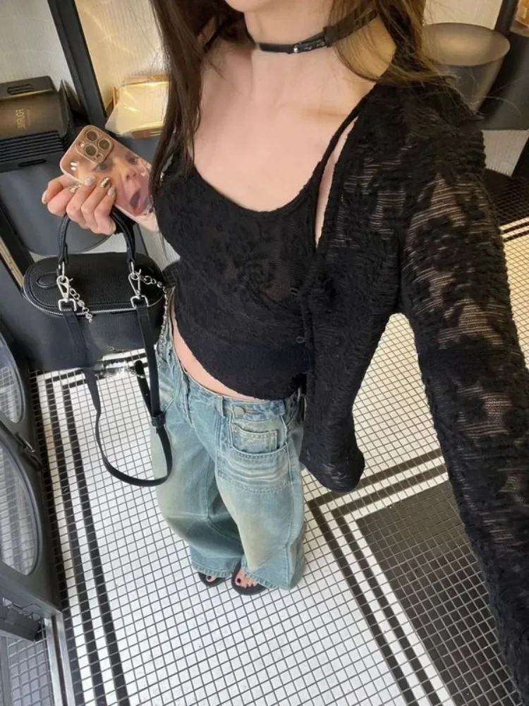 Y2K 레이스 자카드 카디건 세트 여성 하라주쿠 빈티지 싱글 브레스트 슬림 탑 일본 그런지 패션 풀 Femme Mujer