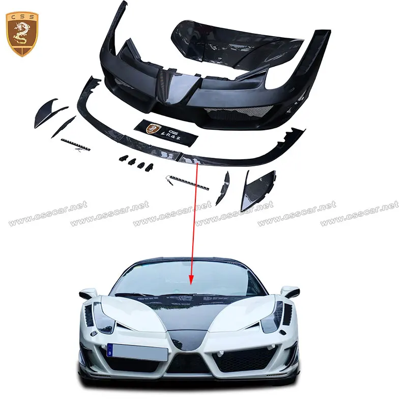 MSY Style Carbon Fiber Mix Fiberglass Front Bumper Lip Assembly Engine Hood Body Parts for  458 Italia