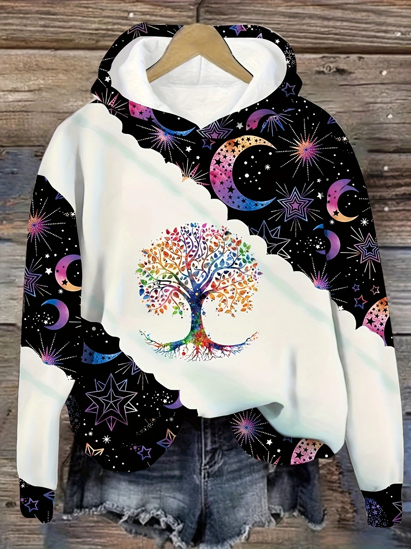 Men Colorful Life Tree Star Moon Galaxy Splicing Print Drawstring Hoodie With Pocket