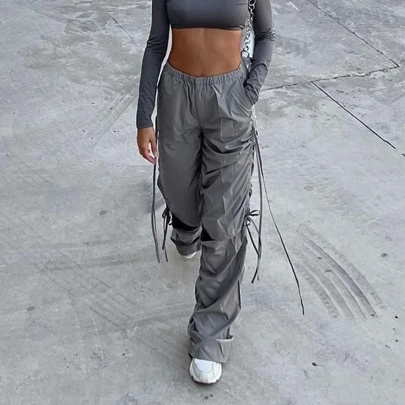 Loose Fit Street Fashion Drawstring Ripped Work Pants Women's European And American Spring Casual Wide Legged Long Pants