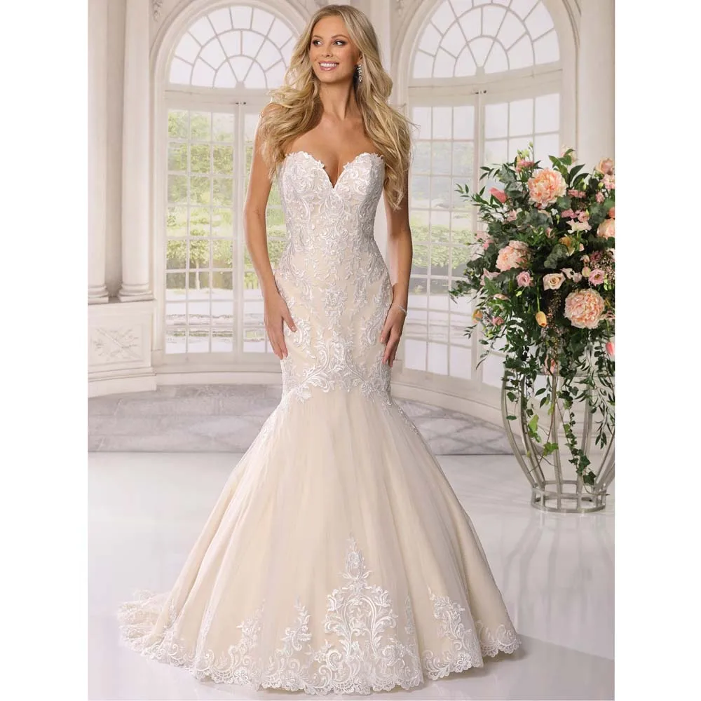 Abito da sposa da chiesa in pizzo senza maniche a tromba/sirena abito da sposa elegante con applicazioni stampate femminili Slim Fit