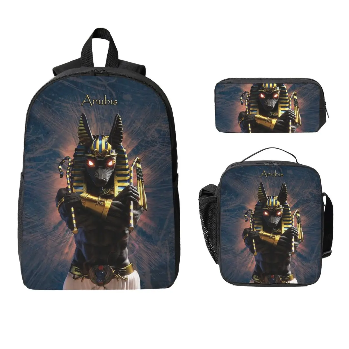 

Egyptian God Anubis Art Backpack Student BookBag School Bag Computer Shoulder Bags 3ps Insulated Lunch Bag Pencil Case