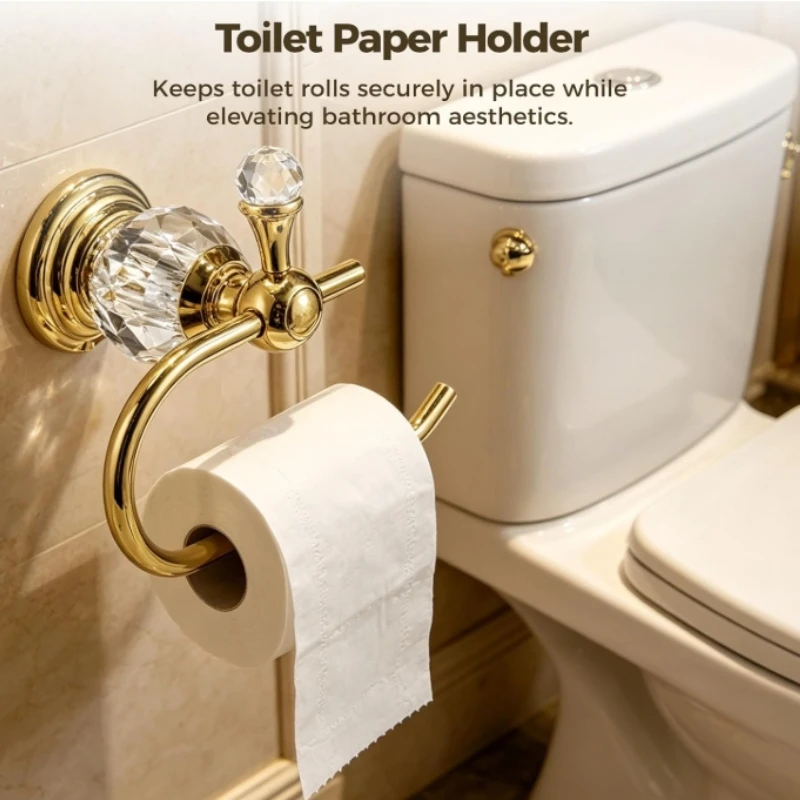 Gold Crystal Toilet Paper Holder, Open-ended Design for Quick Roll Changes; Rounded Edges，modern Gold Finish for Kitchen or Bath