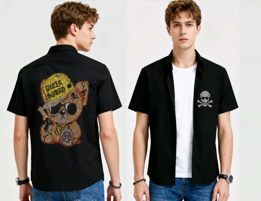 

Men's Slim Fit Skull Short Sleeve Shirt Adorned with Glittering Rhinestones Perfect for Summer shirts