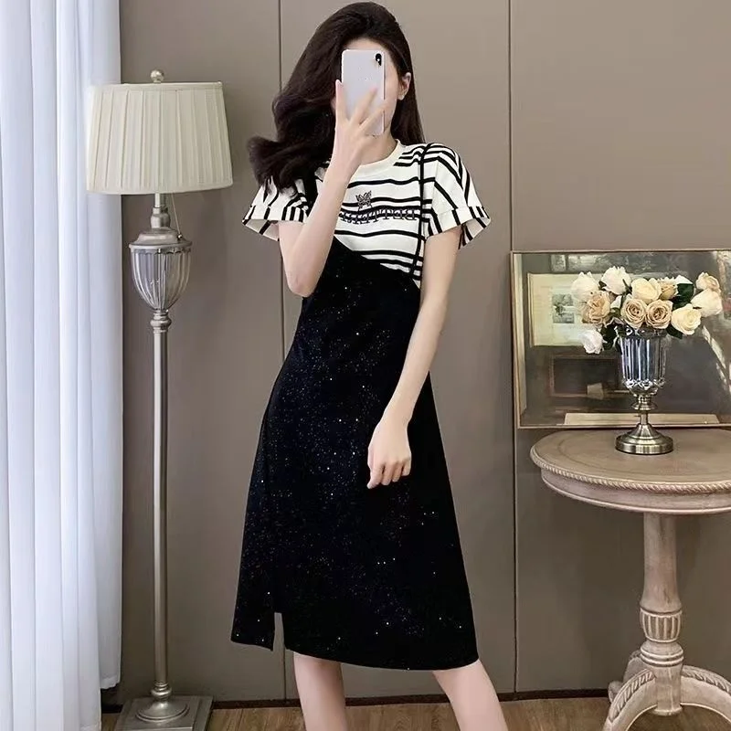 ผู้หญิงฤดูร้อนสบายๆลายTเสื้อPatchwork Midi Dress 2025 ใหม่Ladyแฟชั่นแขนสั้นปลอม 2 ชิ้นชุด