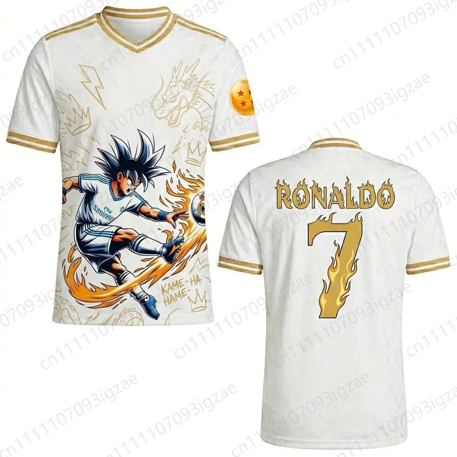 2026 New Athletic Summer Unisex Dragon Ball Z Goku Ronaldo 7 Kamehameha White Gold Graphic V-Neck Soccer Jersey Sports T-Shirt