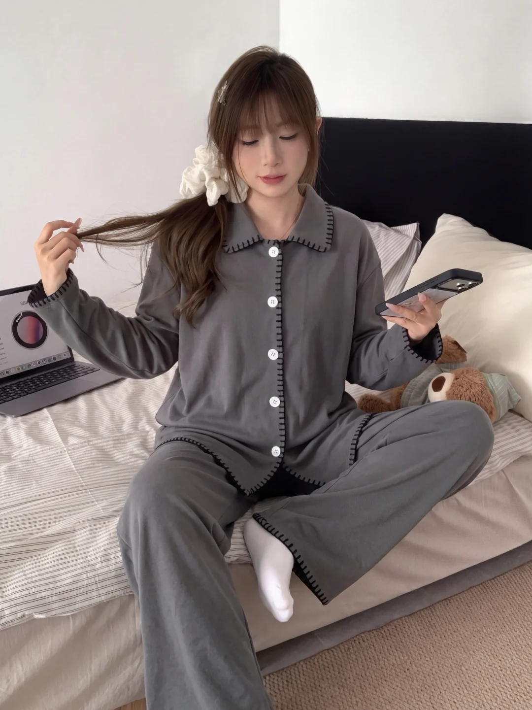 winter-women's-long-sleeve-fleece-pajamas-set-pure-color-home-clothes-soft-warm-thermal-balance-home-clothes-ensemble