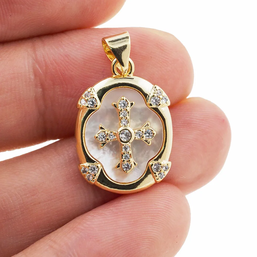 New Oval Medal Virgin Mary Tree Of Life Corss Pendant Pearl Shell CZ Charm Necklace Accessories For Women Fashion Jewelry Making