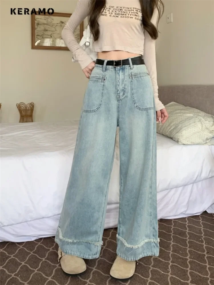 

2024 Autumn Women's Casual Hotsweet Blue Jeans Vintage Tassels Emo Loose Washed Pants Y2K Wide Leg Punk Baggy Denim Trouser