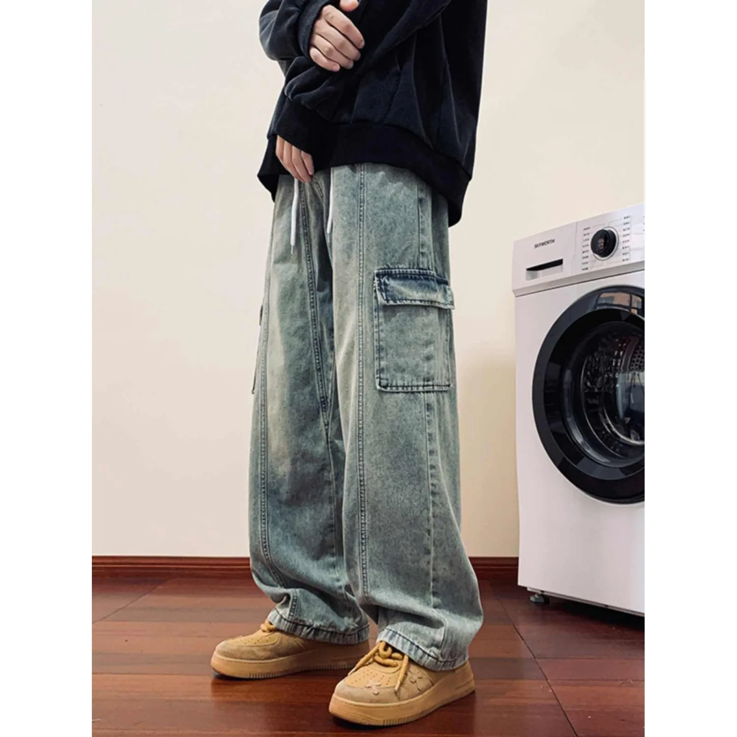 

Loose Fit Casual Men's Workwear Denim Jeans Drawstring Waist Elastic Waist Long Pants Autumn Winter plus Size American Style