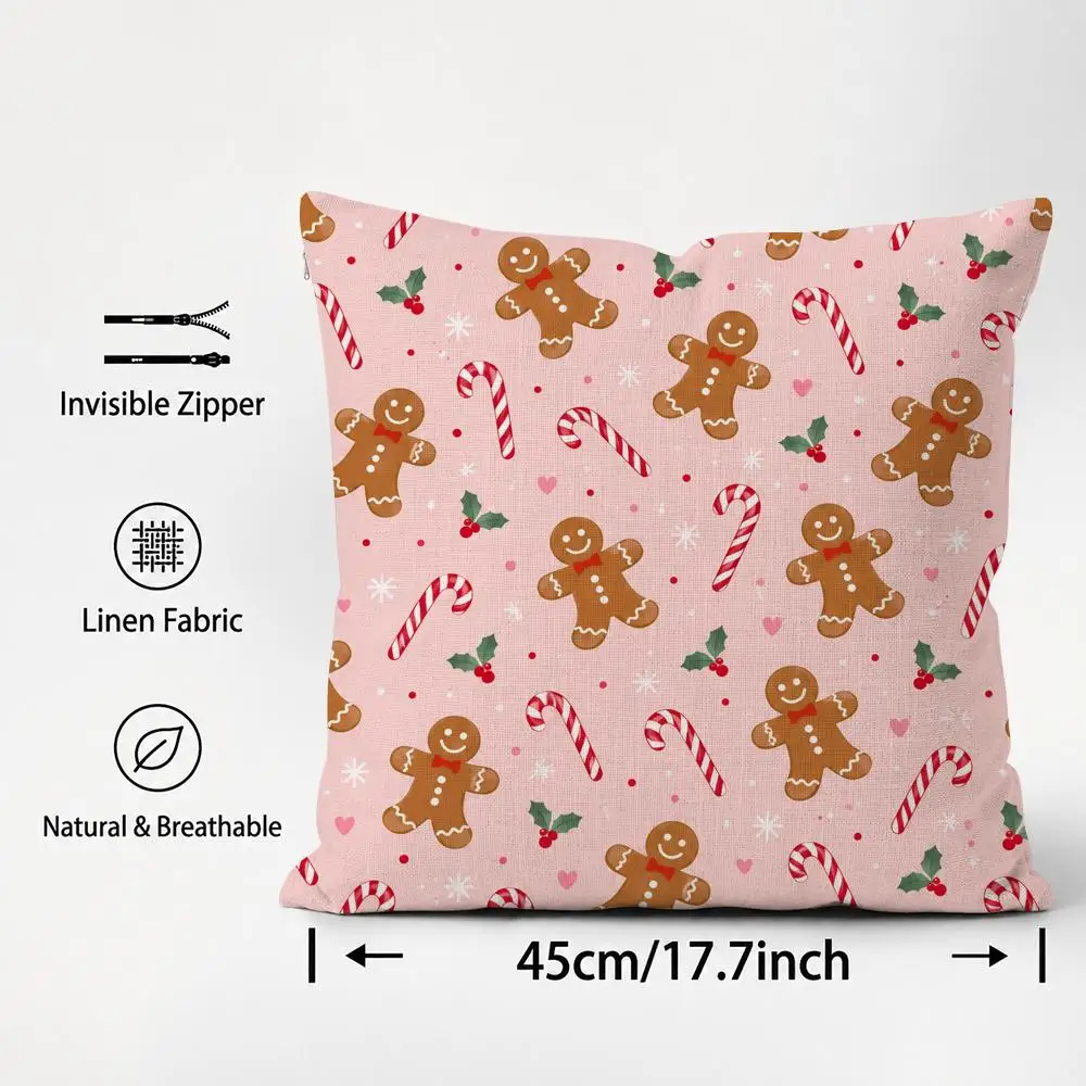 ingerbread Man Candy Cane Scatter Cushion Cover Cushion Covers Natural Linen Breathable Sofa Bedroom Decor Pillowcase