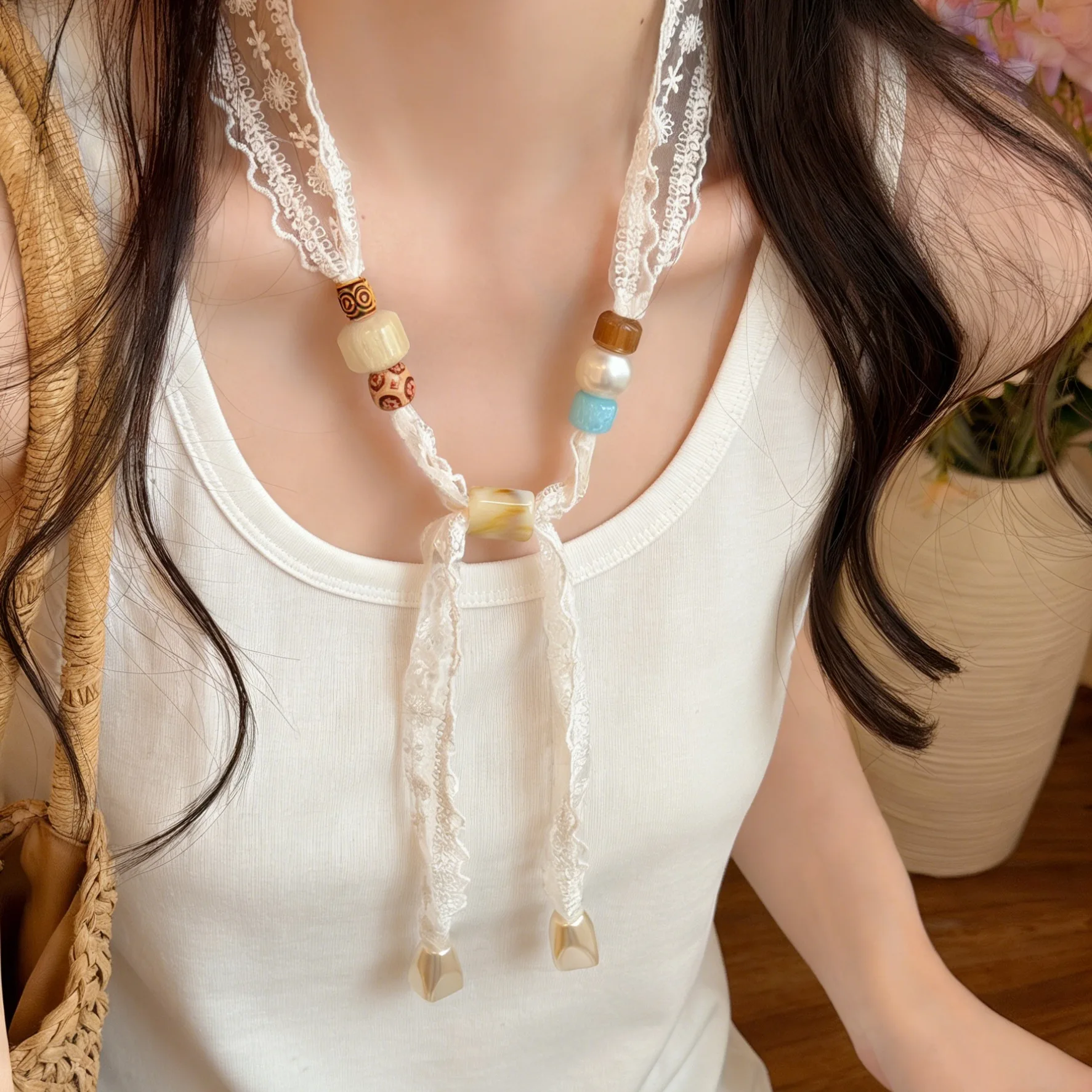 Ethnic-style white lace and colorful beaded drawstring necklace; bohemian-style long scarf necklace with a dreamy vibe