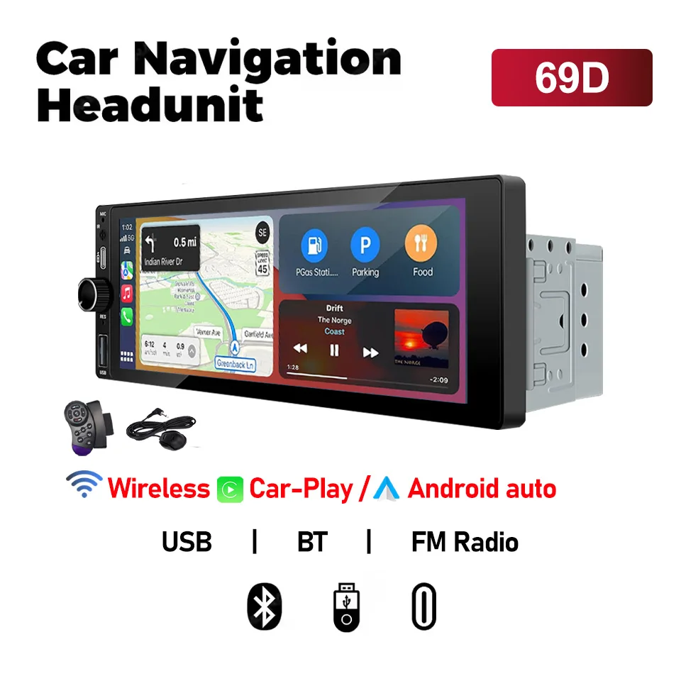 XIMA 6.9inch Autoradio Draadloze CarPlay Android Auto MP5 Bluetooth FM USB IPS Touchscreen Multimedia Speler Universele 1Din - afbeelding 1