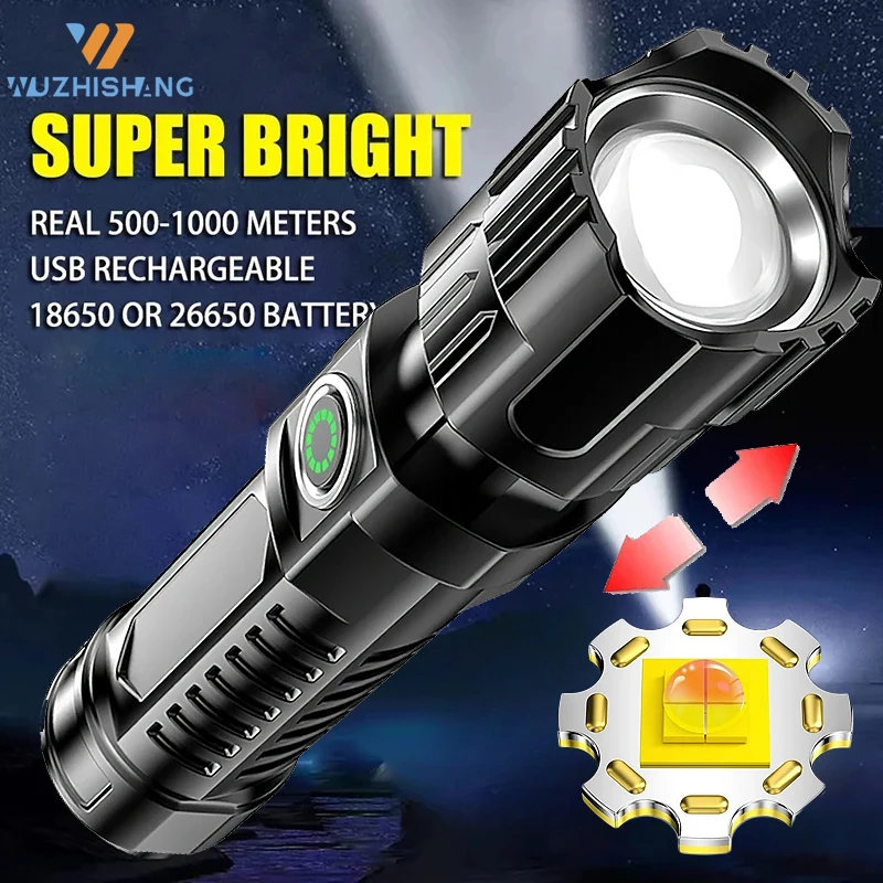 

P200 Super Powerful LED Flashlight Zoom Tactical Torch Built-in Battery USB Rechargeable Waterproof Lamp Ultra Bright Lantern