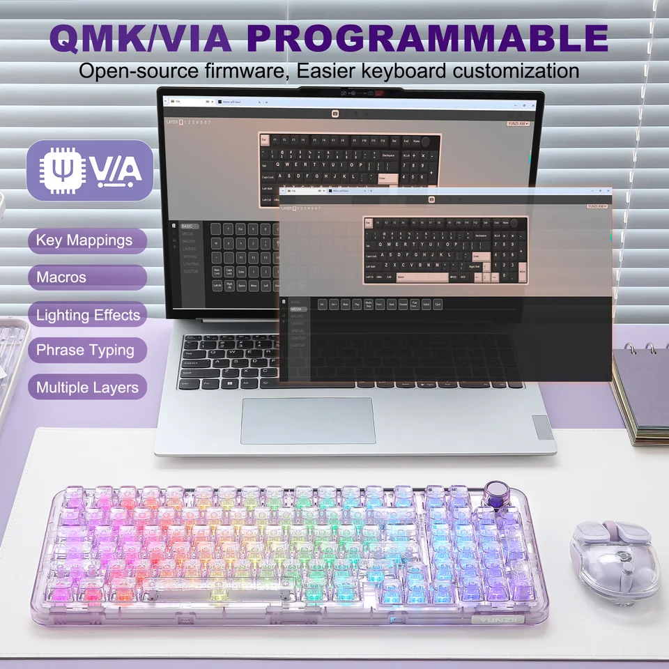 【新色】YUNZII X98 メカニカルゲーミングキーボード ホワイト 新品 YUNZII X98 ホワイト透明メカニカルゲーミングキーボード、ワイヤレス