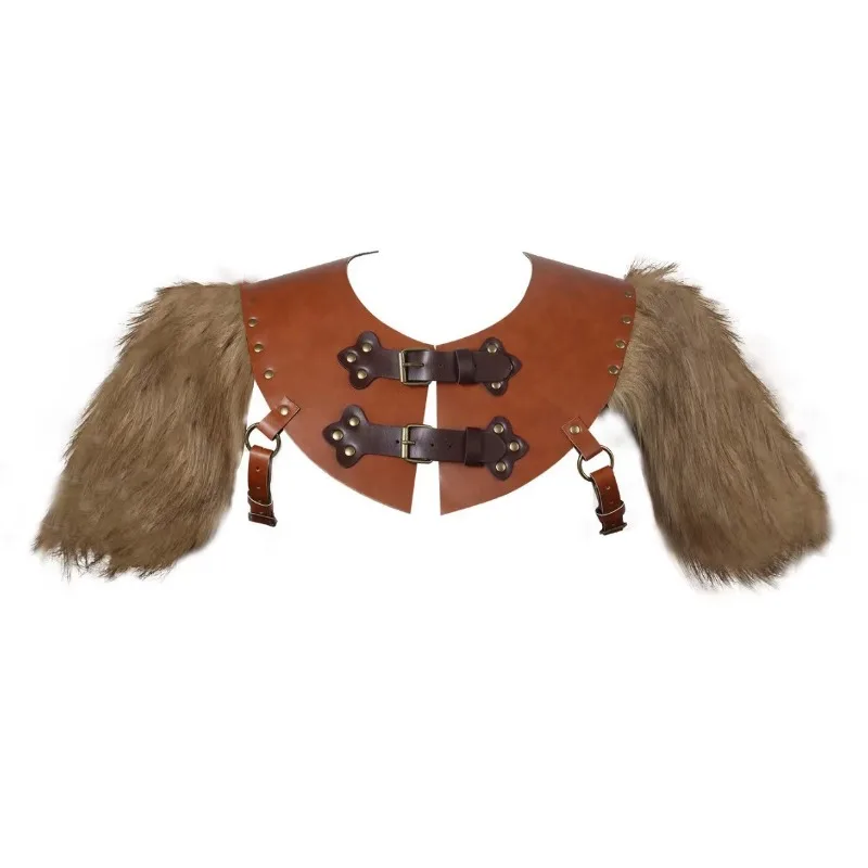 Men Medieval Wrap King Warrior Cape Shawl Renaissance Pu Leather Faux Fur Stitching Warrior Armor Halloween Costume Accessories
