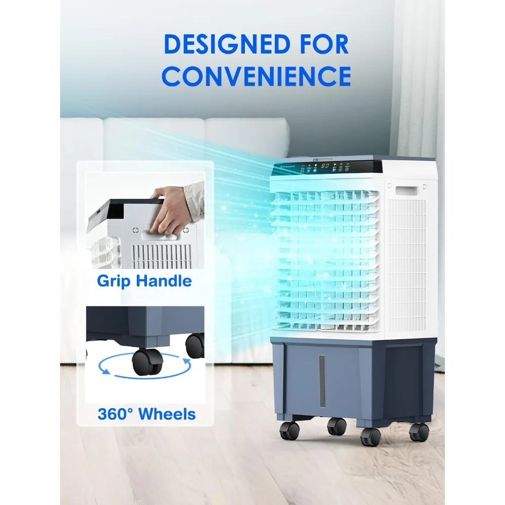 مبرد هواء تبخيري محمول، مبرد مستنقع 1800 CFM مع 6 صناديق ثلج وخزان مياه 5.3 جالون، 110 °   أرجوحة، جهاز تحكم عن بعد مطور