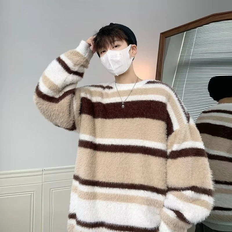 

Thiened Men's Camere Striped Sweater Autumn Winter Knittedwear Lazy Sle Oversize Comfortable Soft Polyester Long Sve