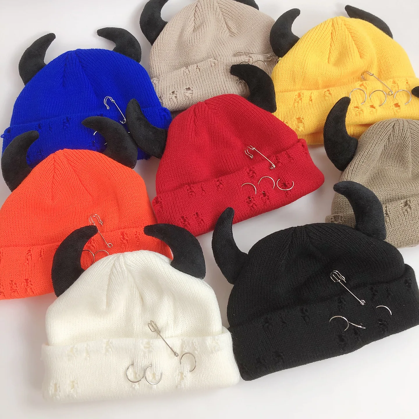 Little Devil Horn Knitted Woolen Hat For Men And Women Autumn And Winter Halloween Personalized Melon Skin Hat Hip-Hop Cold Hat