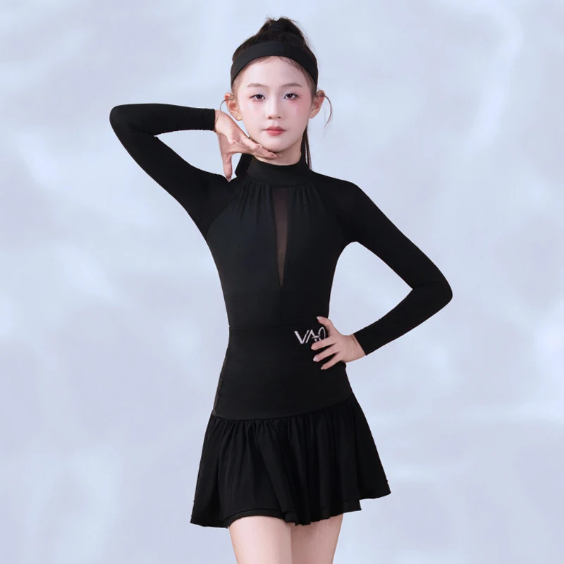 Black Latin Dance Suit Girls Long Sleeve Leotard Ruffle Skirt Children Latin Performance Costume Dancer Training Outfit AMY4206