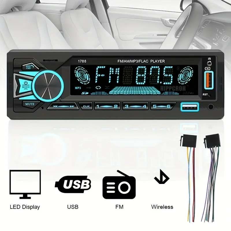 نظام ستيريو للسيارة مع وظيفة لاسلكية، مشغل MP3، راديو FM، مدخل USB/TF/AUX، التحكم في التطبيقات، إضاءة خلفية ملونة، شحن USB