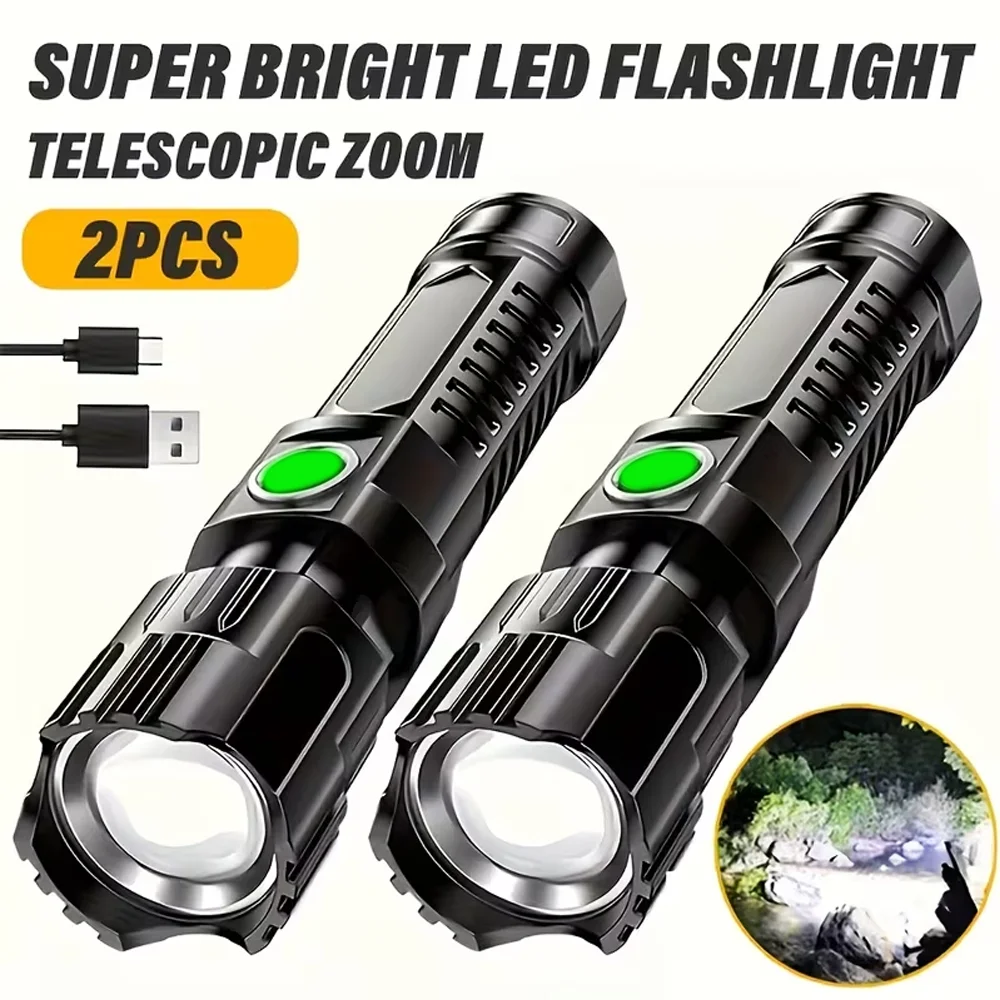 Super Bright LED Flashlight USB Rechargeable Torch with Built-in Battery Telescopic Zoom Lantern for Outdoor Hiking Fishing