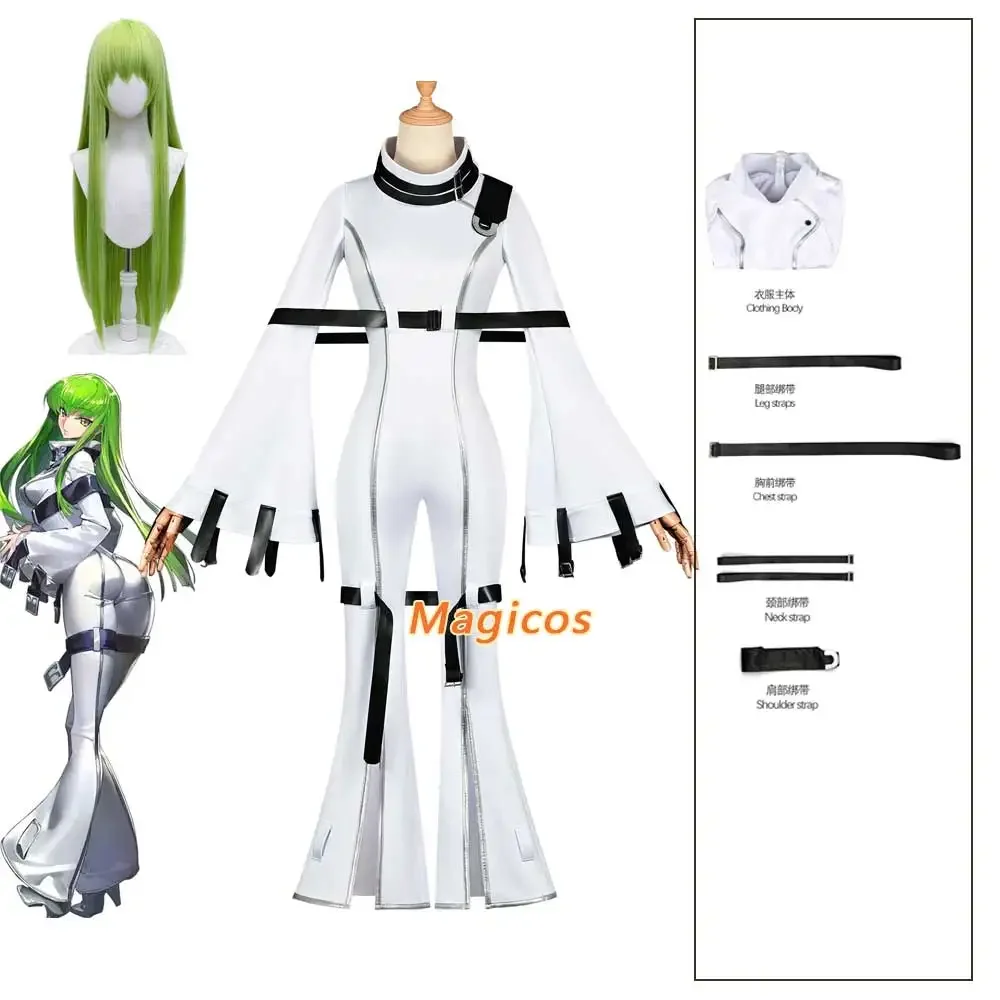 Anime CODE GEASS Lelouch of The Rebellion C.C. Cosplay Costume Wig Sexy White Tight Leather Jumpsuit Woman Halloween Party Suit