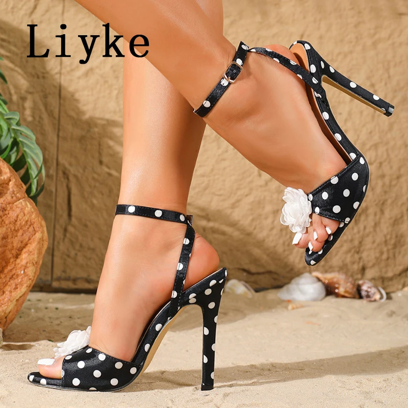 

Liyke Fashion Round Open Toe Thin High Heels Women Dot Sandals Summer Shoes Ankle Strap Elegant Flower Stripper Party Sandalias