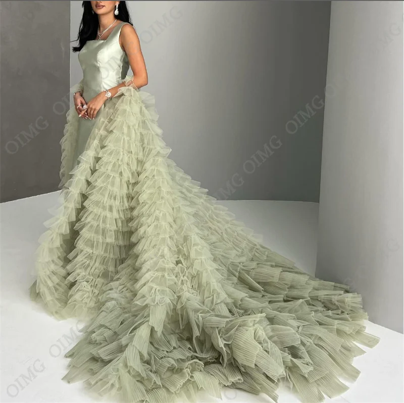 OIMG Green Satin Mermaid Evening Dresses Gown Strapless Tight Long Tulle Train Arabic Prom Party Dress Dubai Formal Gowns