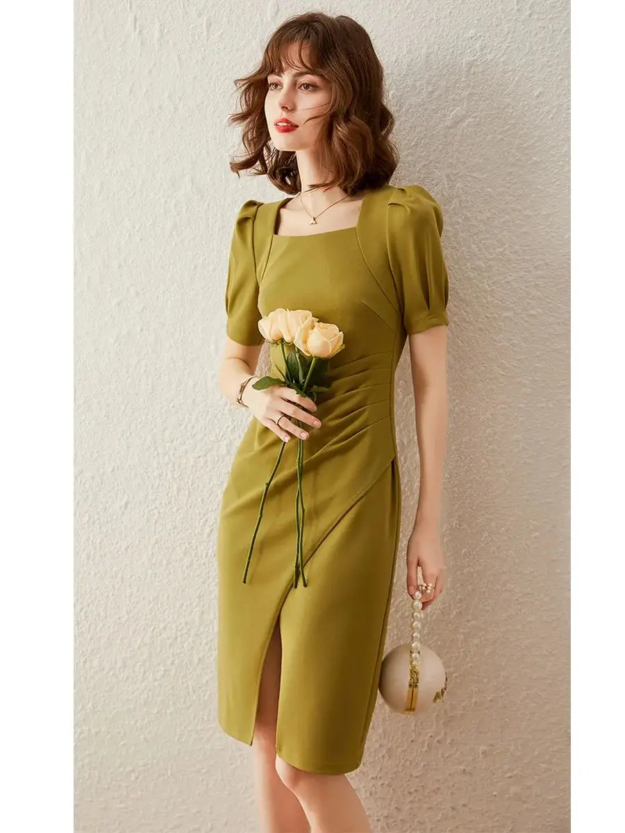 LOUIS YAO Women Dress French Style Elegant Square Neck Short Sleeve 2024 Summer New Elegant Fashionable Vent Casual Mid Dress