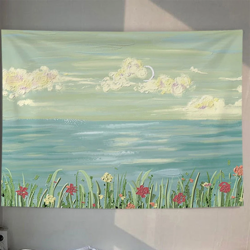 Field lakeside scenery tapestry room decoration beautiful  wall hanging    girl pink