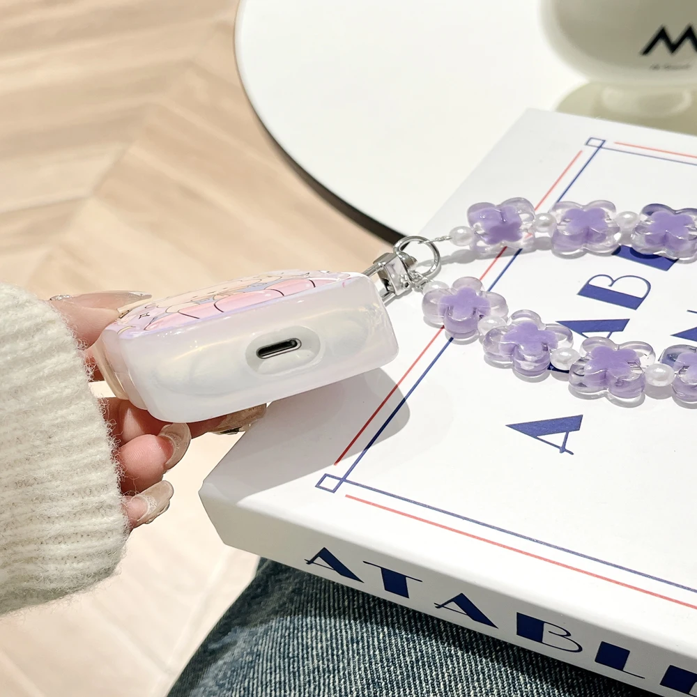 Cute Cartoon Bear Purple Earphone Case for Airpods 2 Pro Pro2 Airpods 3 airpods 4 Bracelet Wave Edge protective case Girls