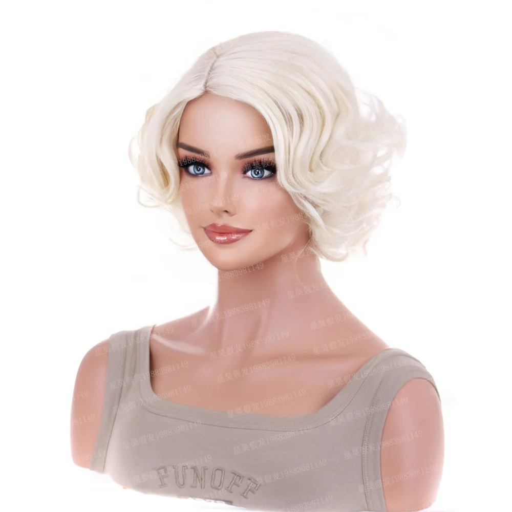 باروكة نسائية أوروبية وأمريكية ذات شعر مجعد قصير، رسوم متحركة، أزياء ذهبية