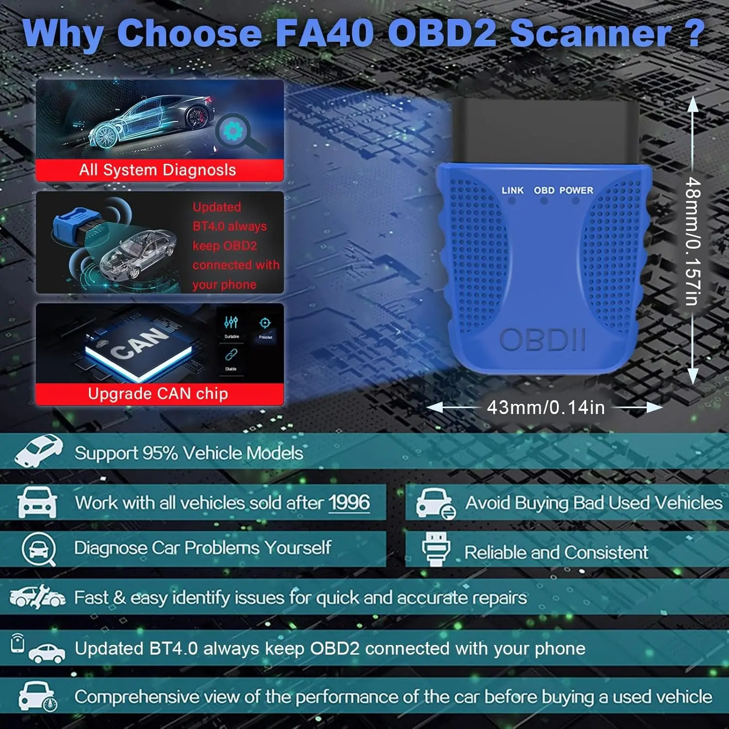 أداة تشخيص السيارة obd2 الماسح الضوئي FA40 Bluetooth 4.0 لنظام التشغيل iOS وAndroid #3