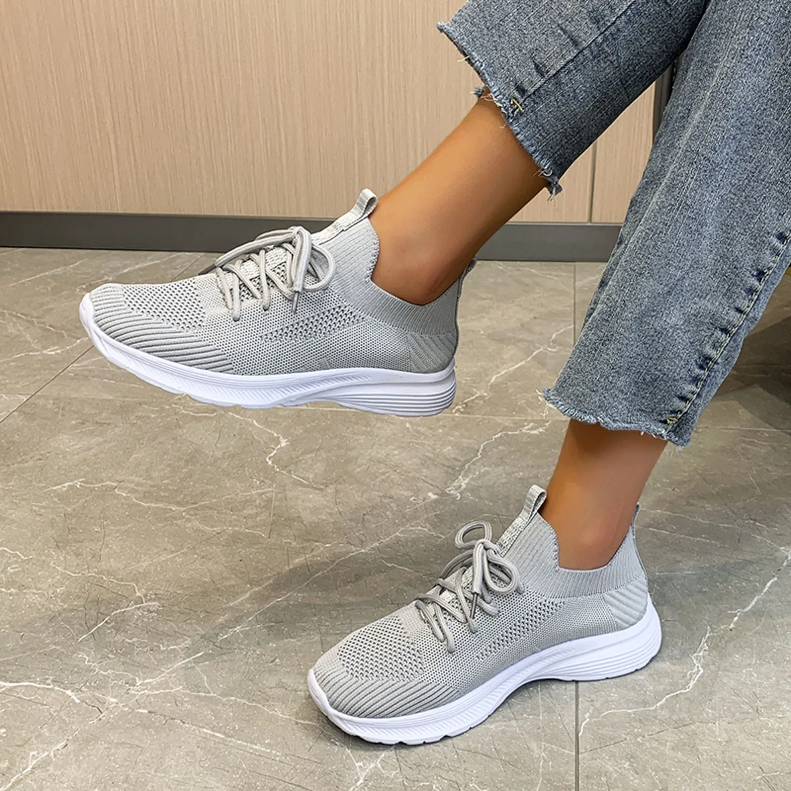 Plus Size Orange Knit Flat Shoes Women 2023 Lace Up Breathable Mesh Sneakers Woman Casual Soft Sole Sport Running Tennis Sneaker