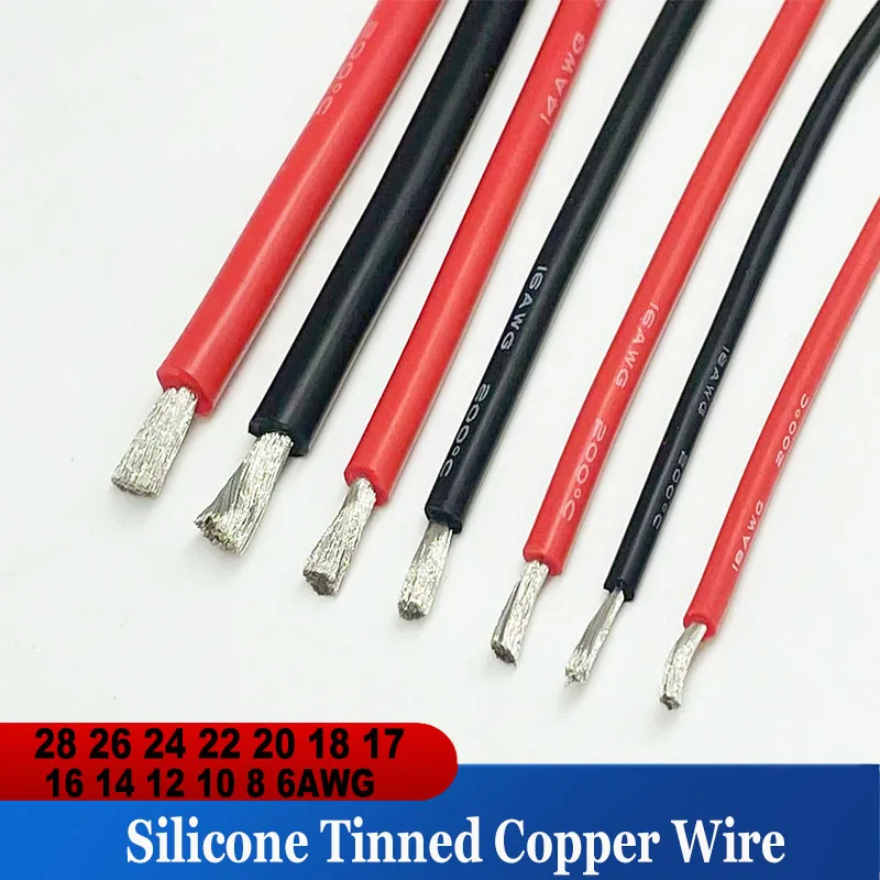Super Soft Red and Black Silicone Tinned Copper Wire 6awg 8awg 10 12 14 16 18 20 22 24 26 28awg High Temperature Resistant Cable