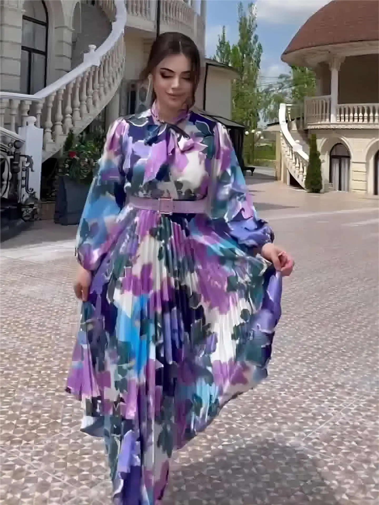 Eid Muslim Dress Long Puff Sleeve Lace Up Sundress Women Printed Dress Elegant Long Vestido Robe Femme Jalabiya Ramadan 2024