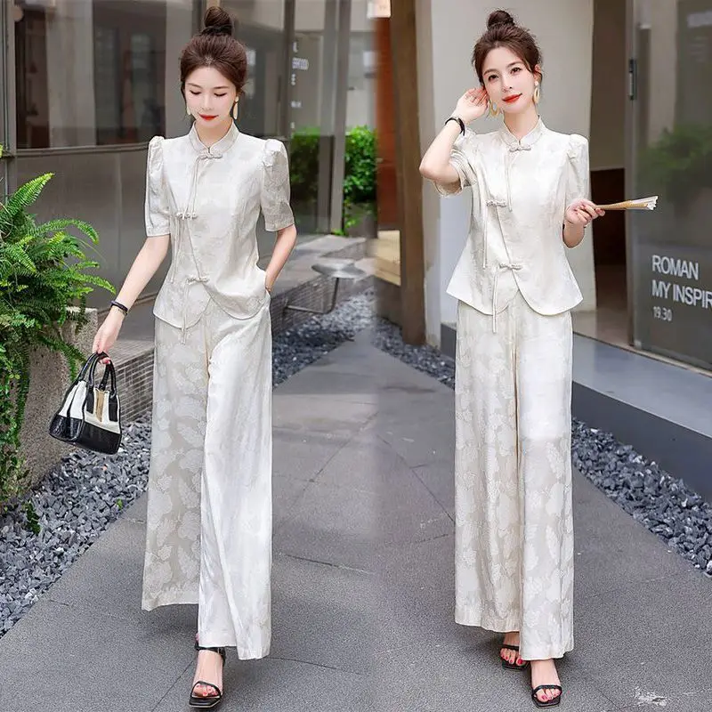 

2025 Female Large Size 4XL Pants 2PCS Summer Women Solid Color Pantalons Outfit Korean Ladies Jacquard Trousers Two-piece Suit